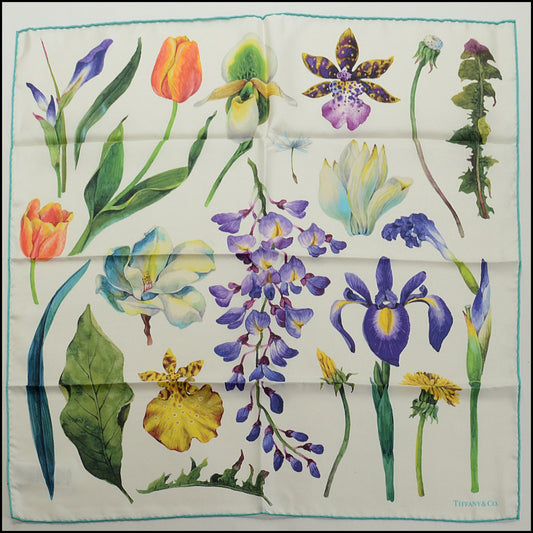RDC15140 TIFFANY & CO. White & Tiffany Blue Watercolor Flowers Silk 70cm Scarf