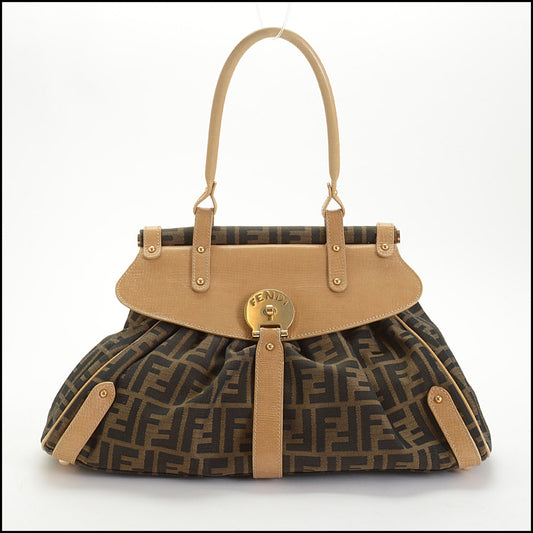 RDC14649 FENDI Tobacco Zucca Canvas Tan Leather Medium Magic Bag