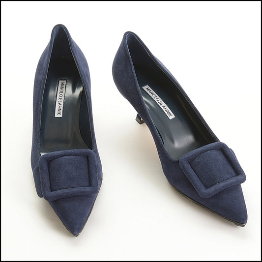 RDC15529 MANOLO BLAHNIK Navy Blue Suede Maysale Buckle 50mm Heel Pumps Size 38.5