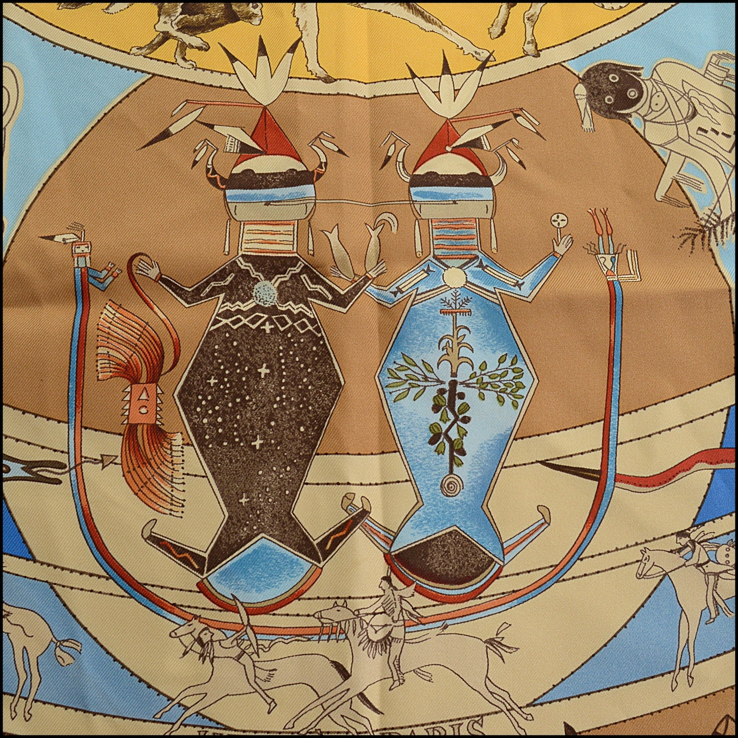 RDC15557 HERMES Blue "Mythologies Des Hommes Rouges" Kermit Oliver Silk Scarf 90 cm