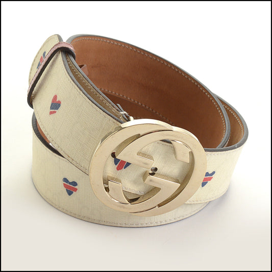 RDC14483 Gucci Vintage White Monogram & Hearts GG Buckle Belt