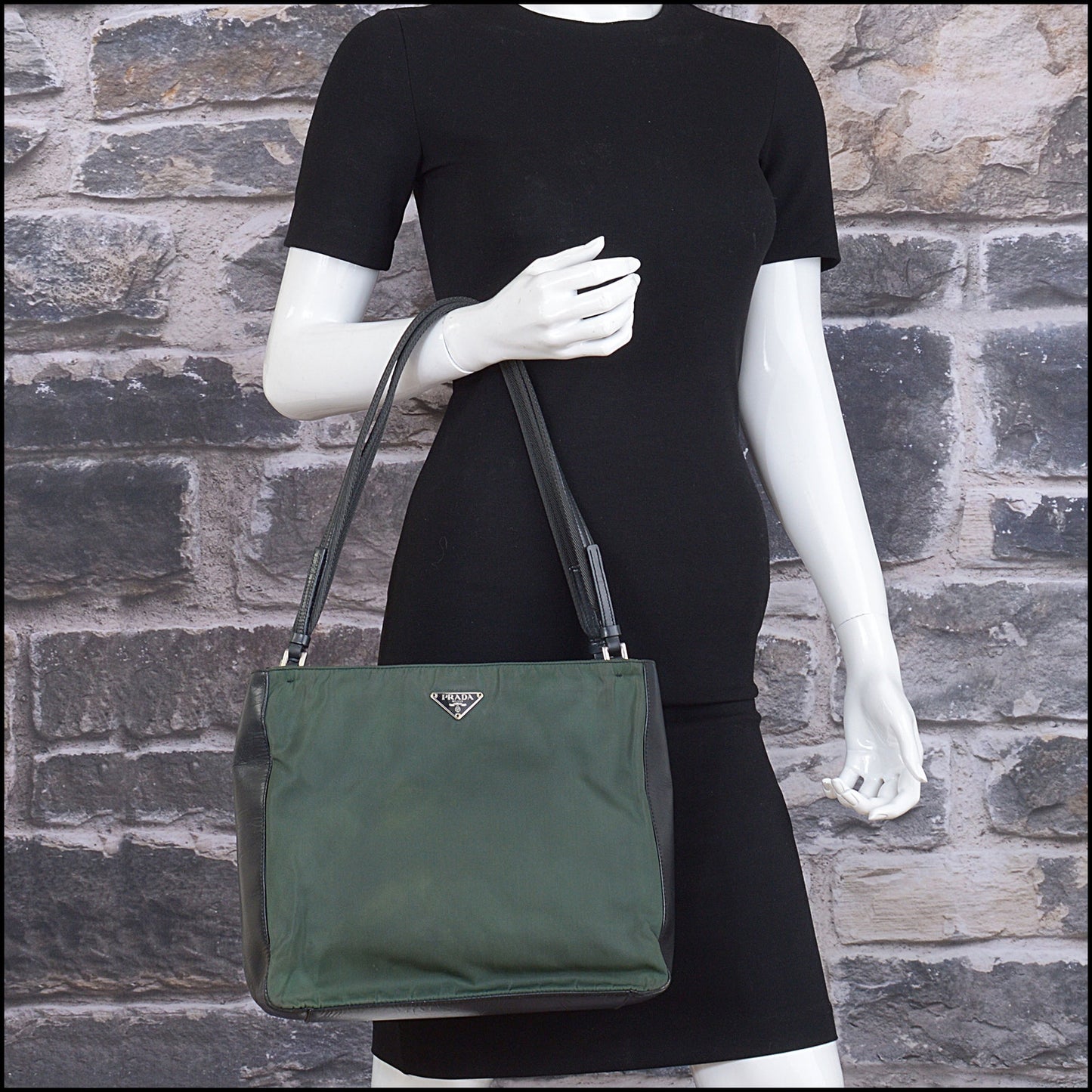 RDC15580 PRADA Green Nylon & Leather Shoulder Bag