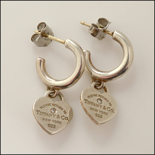 RDC15007 TIFFANY & CO. Sterling Silver Mini Heart Diamond "Return to Tiffany" Hoop Earrings