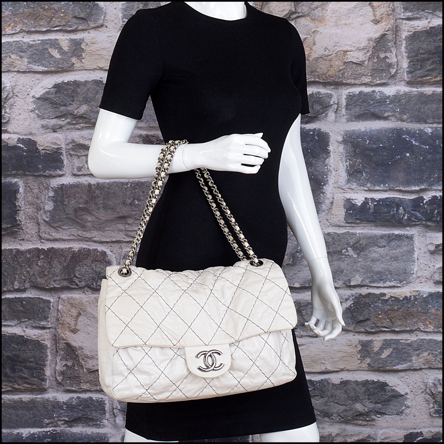 RDC15347 CHANEL '10 Dark White Double Stitch Classic Jumbo Flap Bag