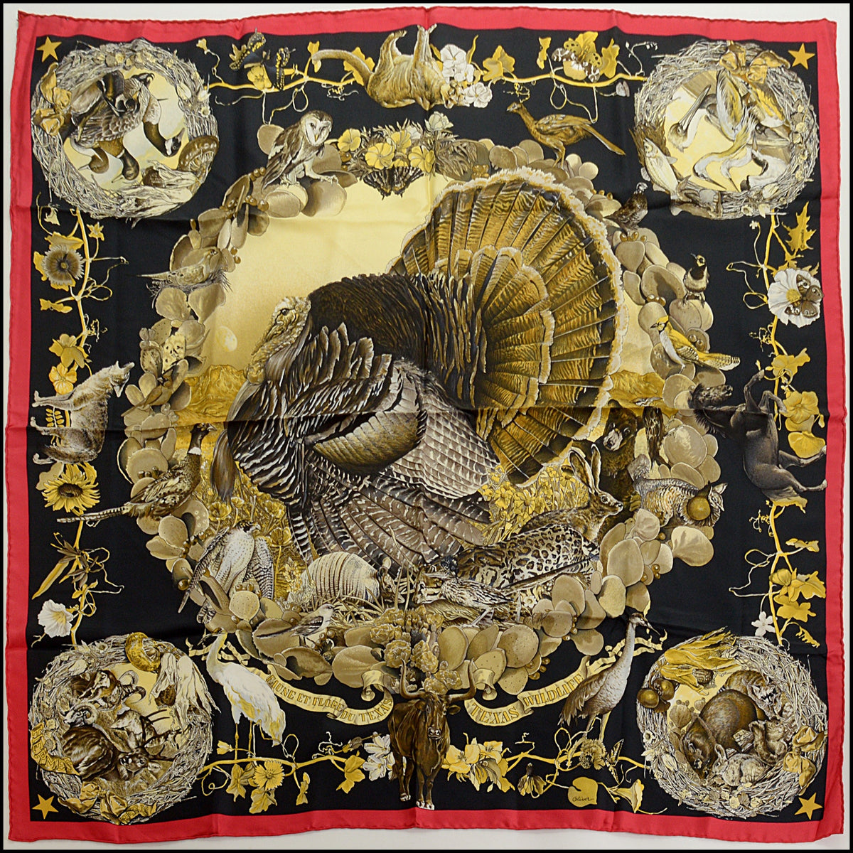 RDC15688 HERMES Black/Red/Gold ''Faune et Flore du Texas'' Carre 90 Silk Scarf