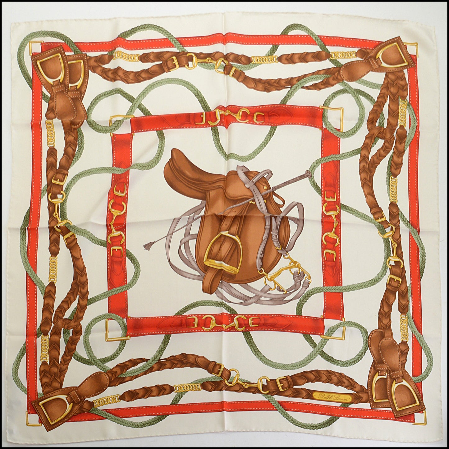 RDC14256 Authentic RALPH LAUREN Red/Multicolor Horse Saddle 90cm Silk Scarf