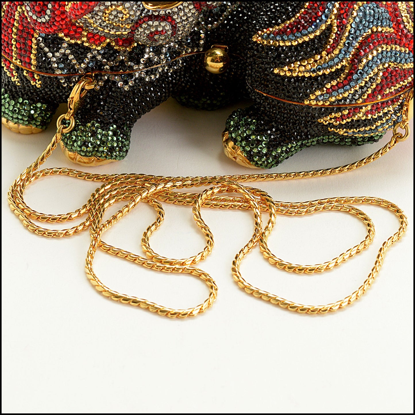 RDC15252 JUDITH LEIBER Black Ming Foo Dog Crystal Minaudiere Bag