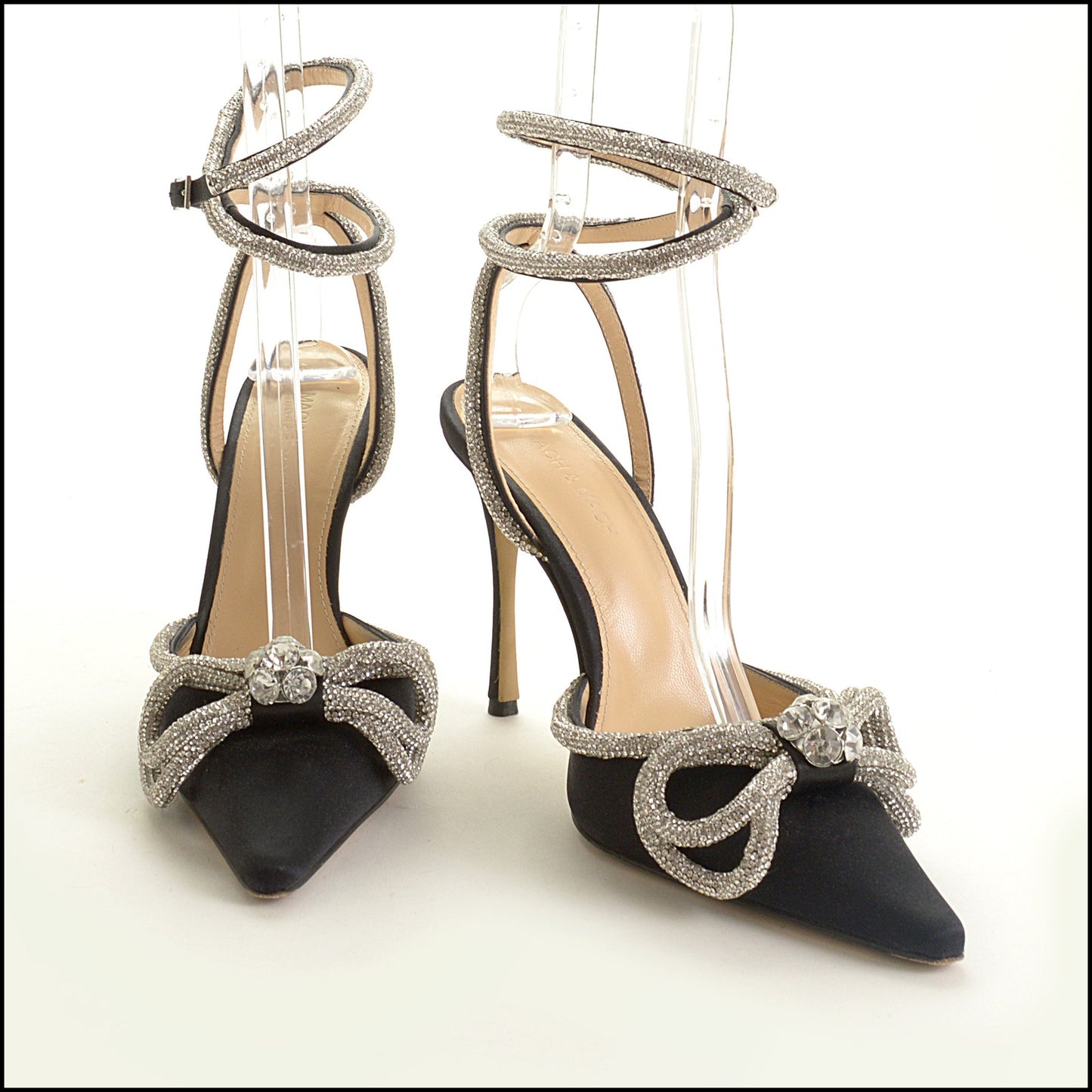 RDC15616 MACH & MACH Black Stain Crystal Bow Ankle Wrap Heels size 39