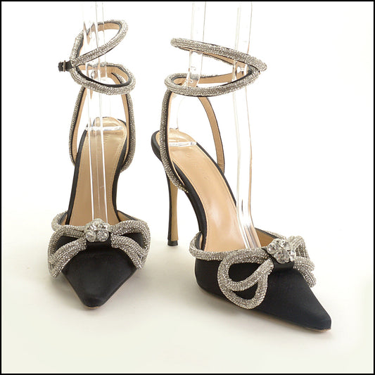 RDC15616 MACH & MACH Black Satin Crystal Bow Ankle Wrap Heels size 39