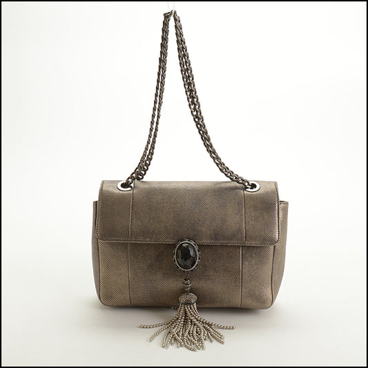 RDC15262 JUDITH LEIBER Gold Leather Onyx and Pearl Tassel Evening Bag