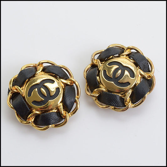 RDC13092 Authentic Chanel Vintage Black Leather Gold CC Logo Clip-on Earrings