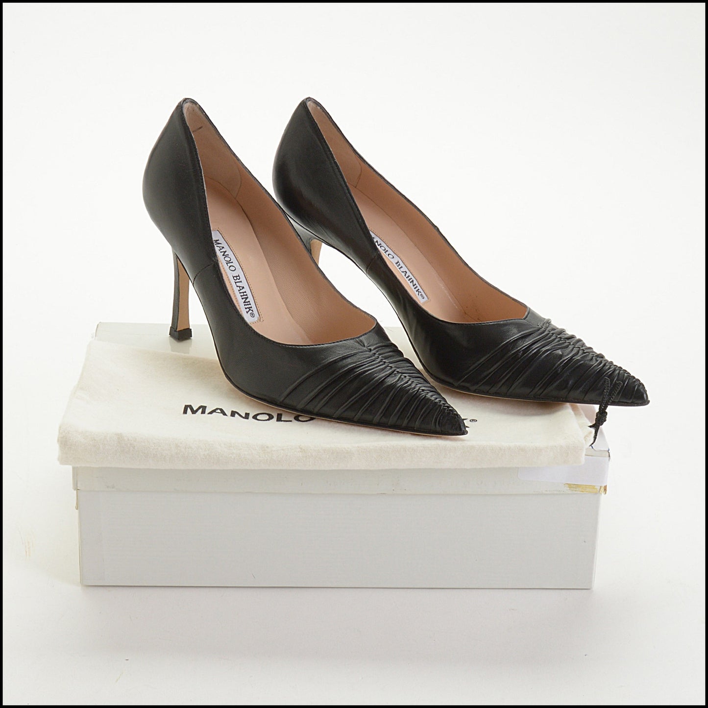 RDC14745 MANOLO BLAHNIK Black Rouched Kidskin Pointy Toe Pumps Size 37.5
