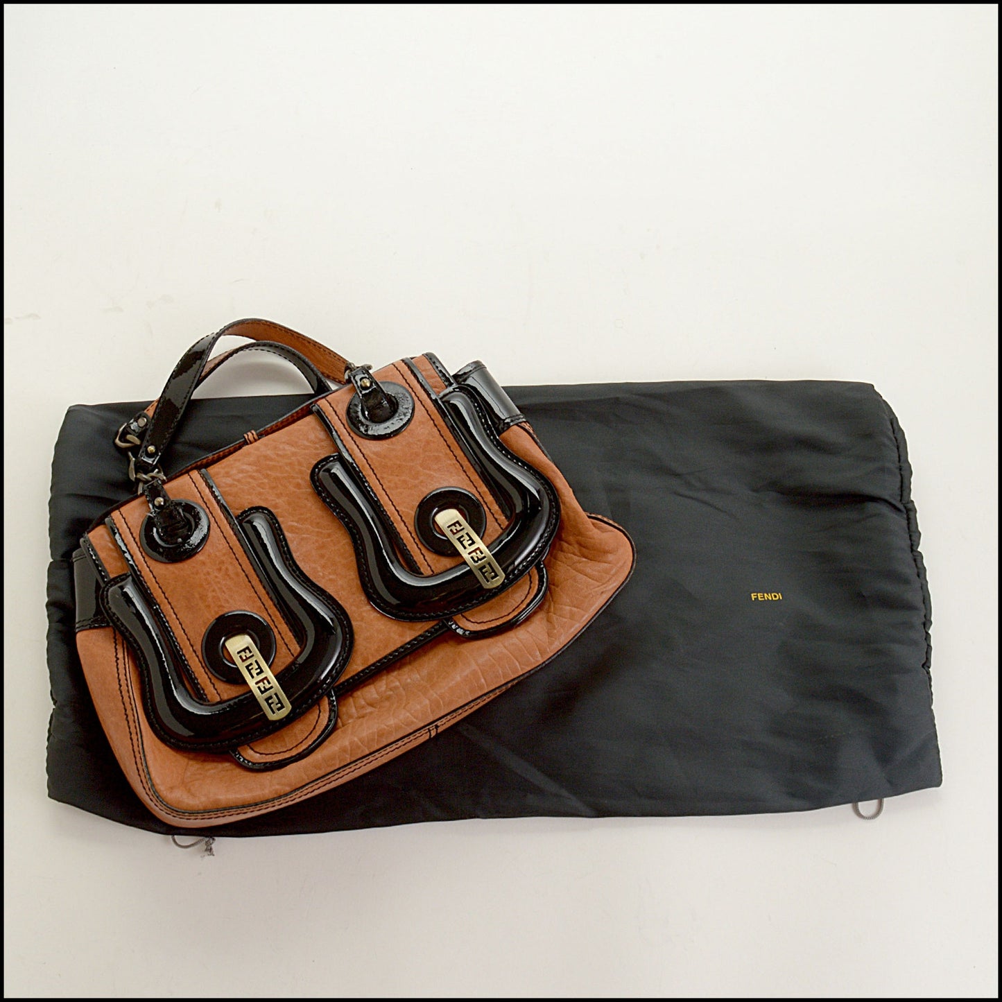 RDC15596 FENDI Black Patent / Saddle Brown Leather B-Bag Flap