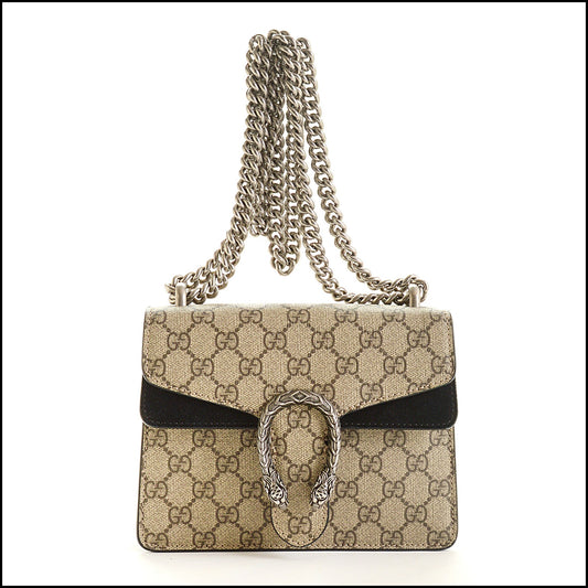 RDC15410 GUCCI Brown GG Supreme Canvas/Black Suede Dionysus Mini Bag