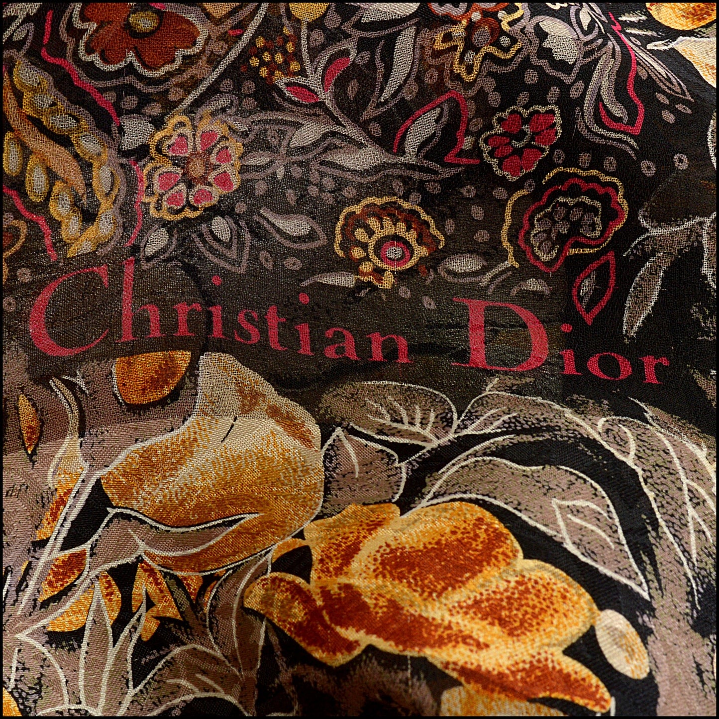 RDC14890 CHRISTIAN DIOR Vintage Black/Gold Flowers & Leaves Large Scarf