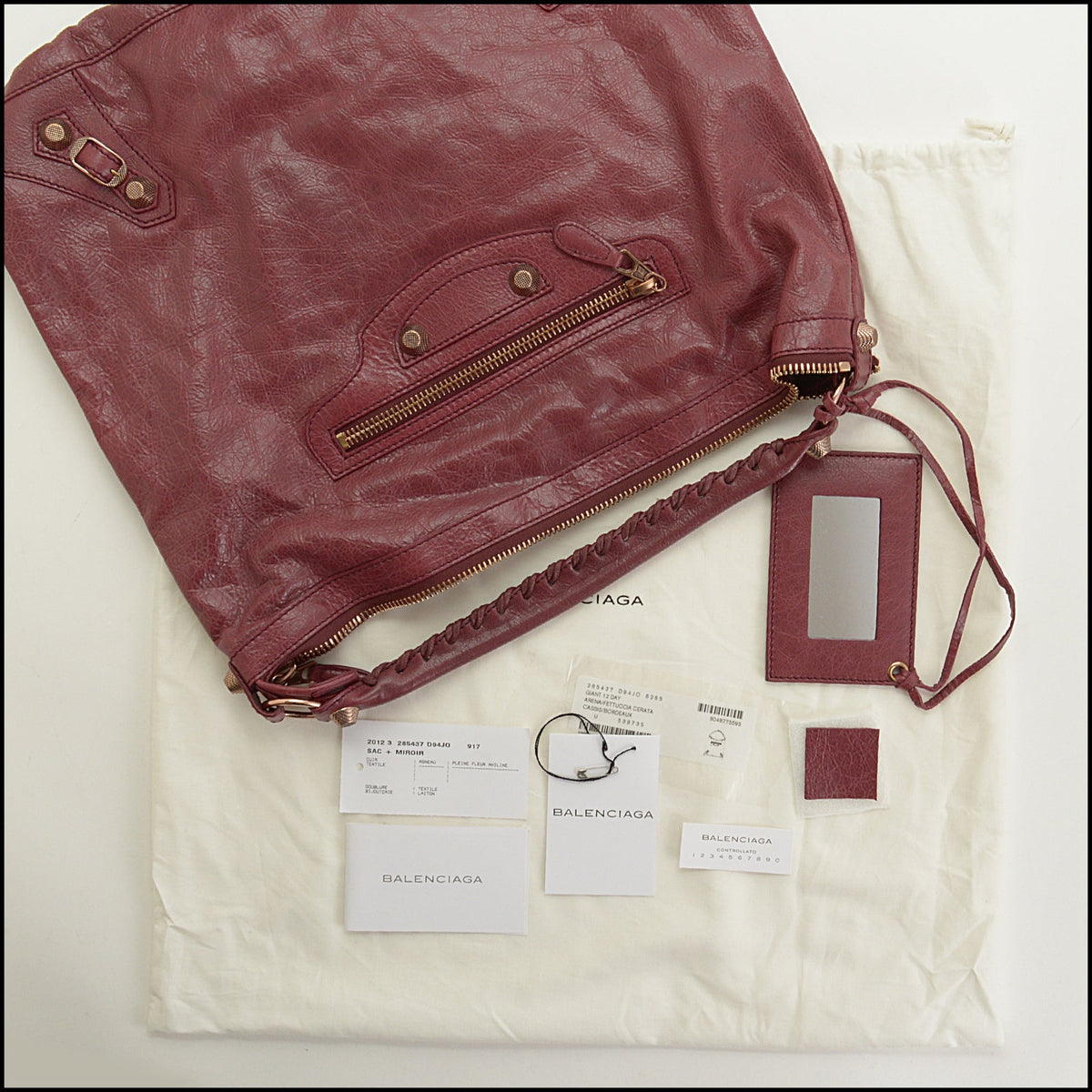 RDC15741 BALENCIAGA '12 Cassis Burgundy Lambskin 12mm Rose Gold Mini Giant Day Bag