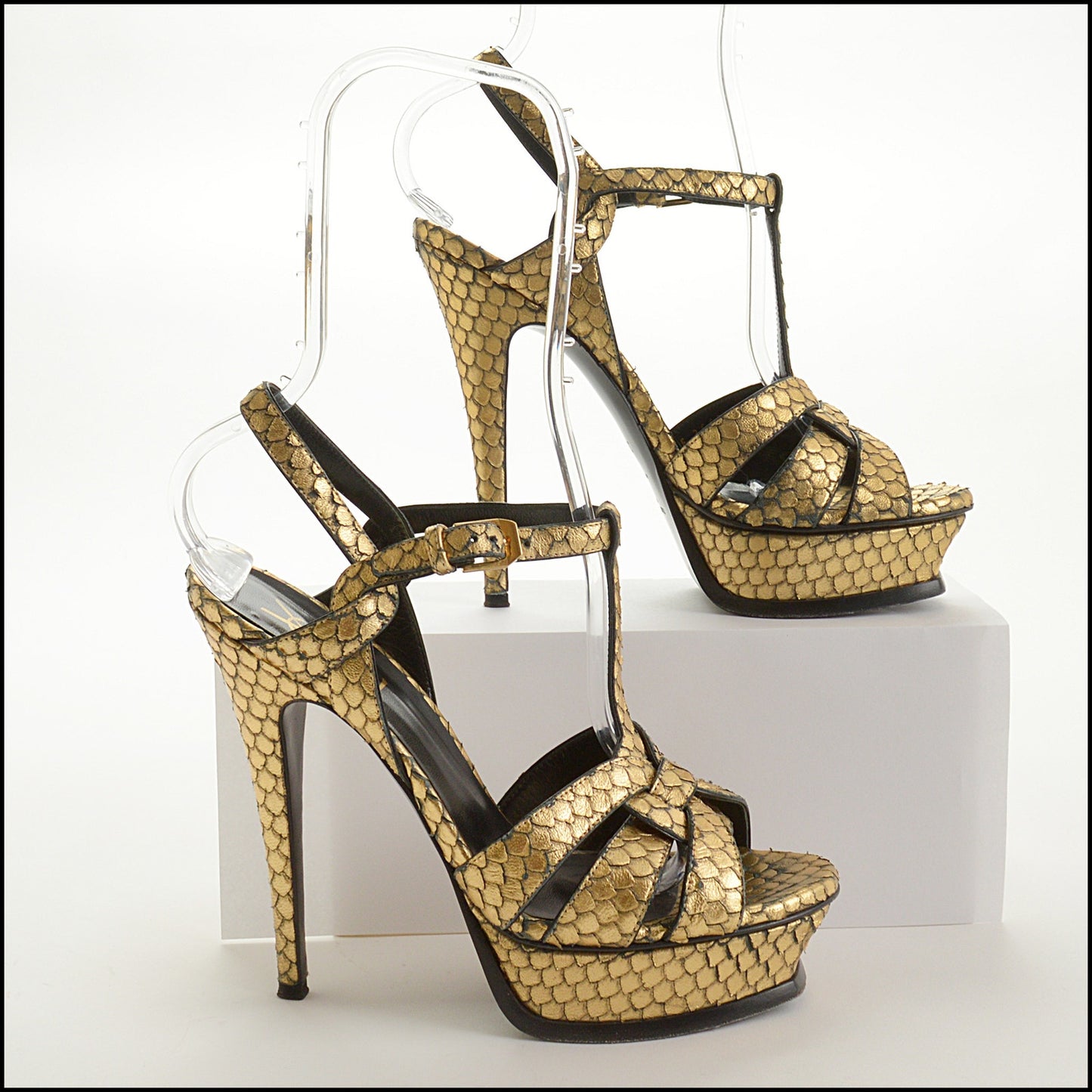RDC15210 SAINT LAURENT Gold Tribute Snakeskin Effect Platform Heels Size 38