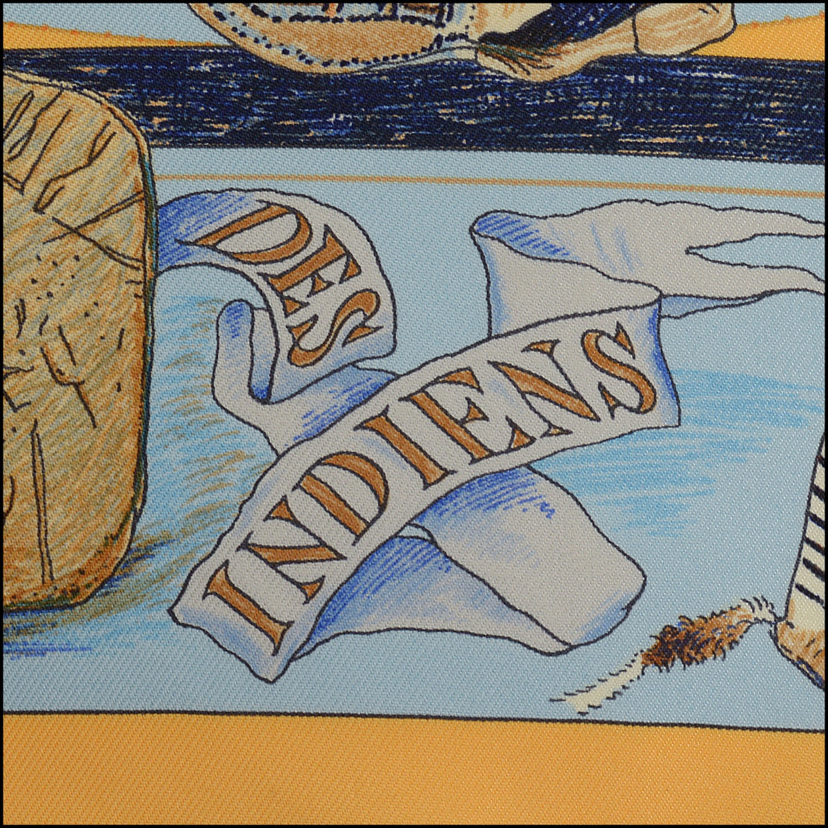 RDC15676 HERMES Light Blue/Tan ''Les Danses Des Indiens'' Scarf Kermit Oliver