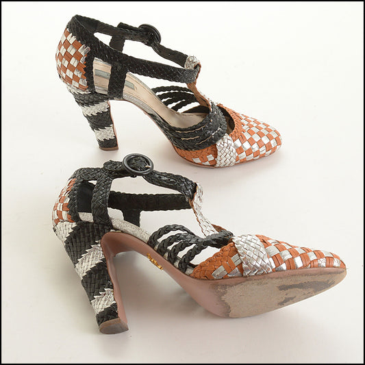 RDC15593 PRADA Orange/Silver/Black Woven Madras Ankle Wrap Heels Size 39.5