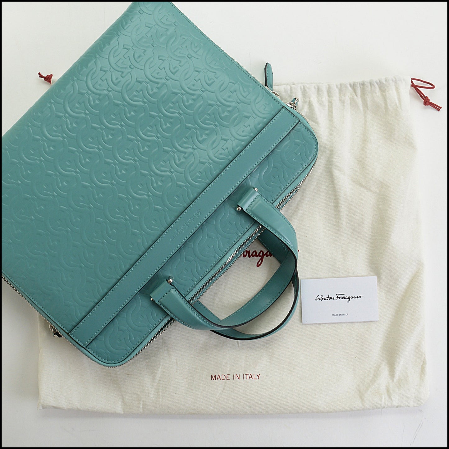 RDC14451 Salvatore Ferragamo Turquoise Gancini Embossed Leather Briefcase