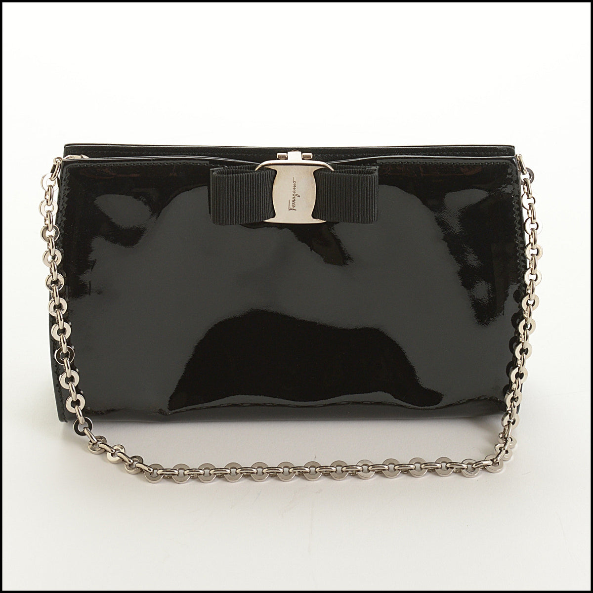 RDC15628 FERRAGAMO Black Patent Miss Vara Bow Clutch Bag