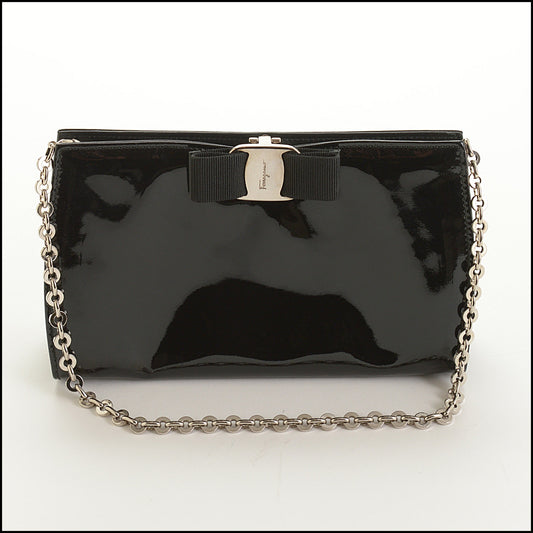RDC15628 FERRAGAMO Black Patent Miss Vara Bow Clutch Bag