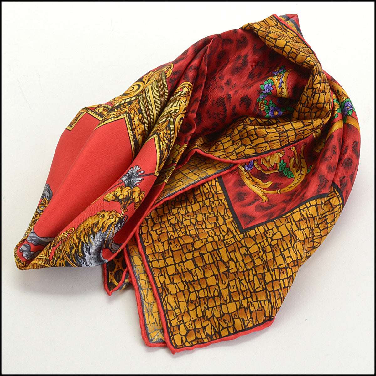 RDC14800 GIANNI VERSACE Vintage Red/Gold Horse & Rider Silk Scarf