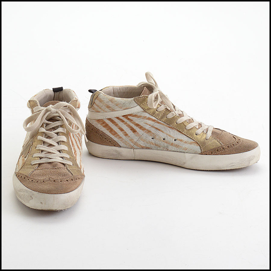 RDC13525 Authentic GOLDEN GOOSE Tan Zebra Pony Suede Mid Star Sneakers Size 39