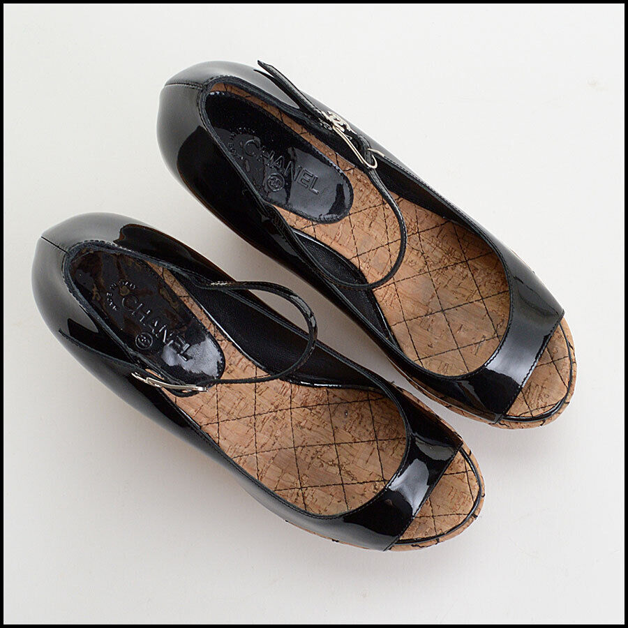 RDC13108 Authentic Chanel Black Patent Quilted Cork Platform Heels Size 38