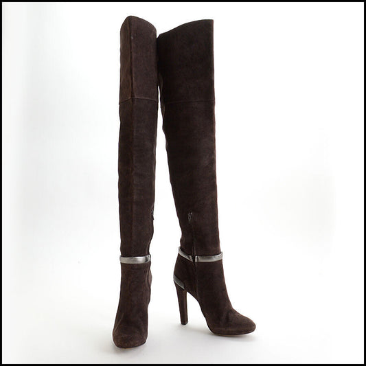 RDC12843 Authentic FENDI Brown Suede Silver Leather Thigh High Boots size 39
