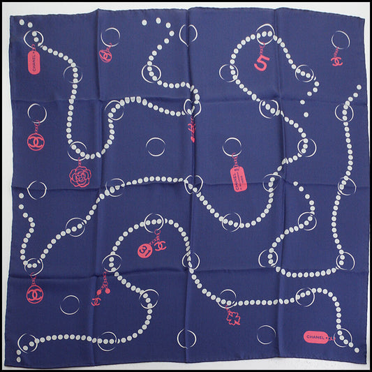 RDC12690 Authentic Chanel Navy/Pink/Ivory Beads & Charms 90cm Silk Scarf