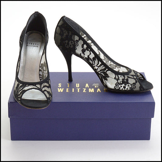 RDC12752 Authentic Stuart Weitzman Black Lace Lingerie Peep Toe Heels Size 7.5