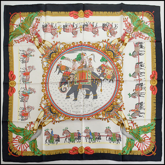 RDC13098 Authentic Hermes Black/Multicolor Caparacons Elephant 90cm Silk Scarf