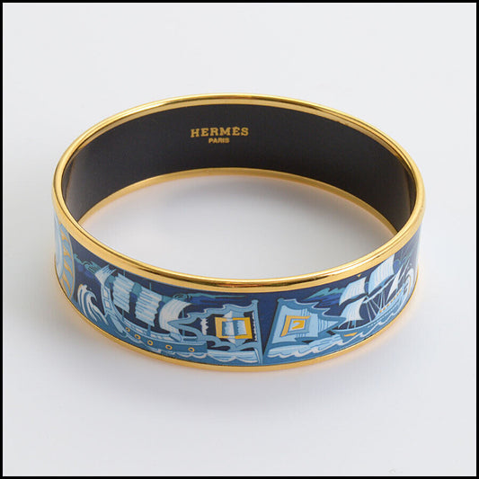 RDC12919 Authentic Hermes Navy/Gold Sailing Ships Emaile Enamel Bangle Bracelet