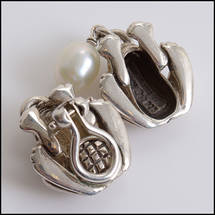 RDC12565 Authentic Barry Kieselstein-Cord Sterling Frog Pearl Drop Clip Earrings