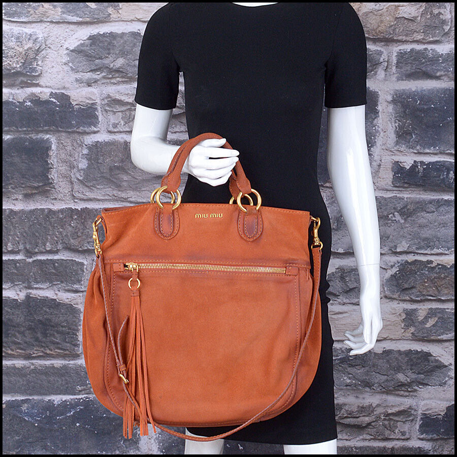 RDC13529 Authentic MIU MIU Papaya Orange Distressed Suede Large Shopping Bag