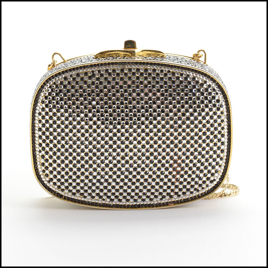 RDC13043 Authentic JUDITH LEIBER Black & Clear Crystal Minaudiere Evening Bag Clutch