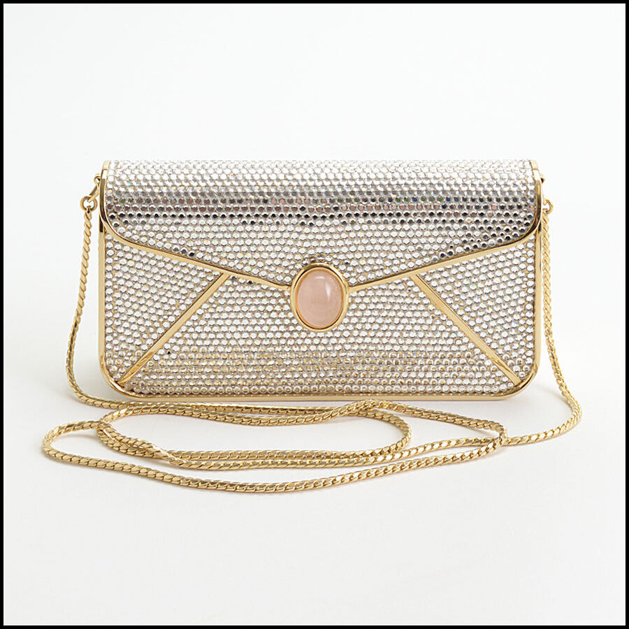 RDC13384 Authentic JUDITH LEIBER Crystal Rose Quartz Envelope Minaudiere Clutch