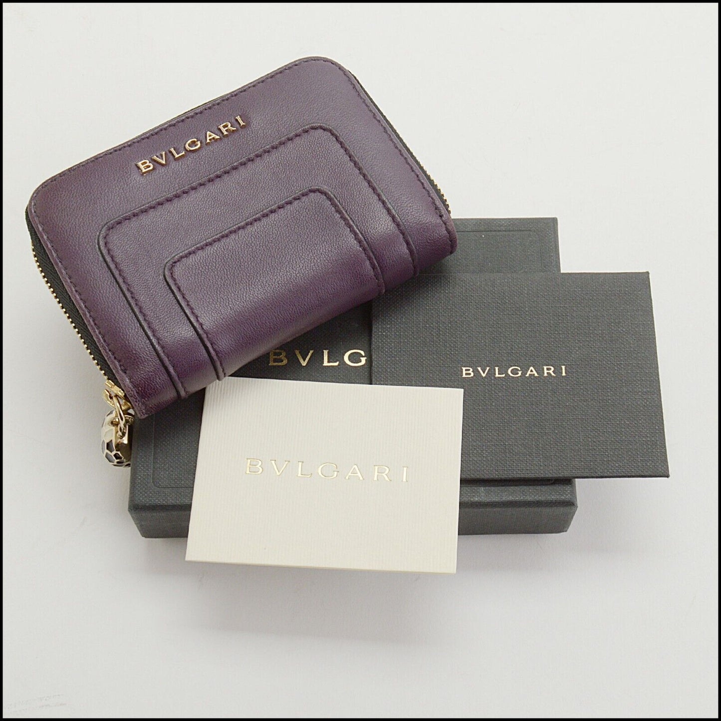 RDC13666 Authentic BVLGARI Plum Leather Serpenti Forever Coin Card Zip Around Wallet