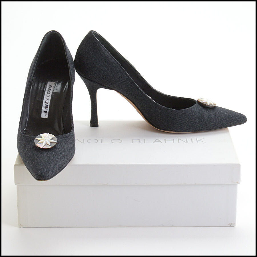 RDC13002 Authentic Manolo Blahnik Black Denim MOP Starburst Pumps Size 7