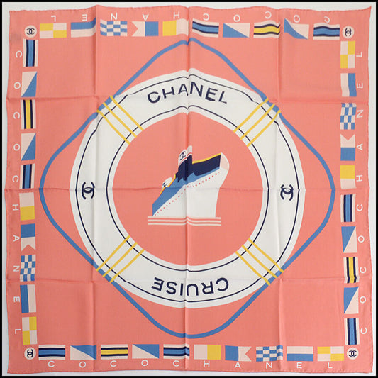 RDC12457 Authentic Chanel Coral Pink/Multicolor Cruise Ship Silk Scarf