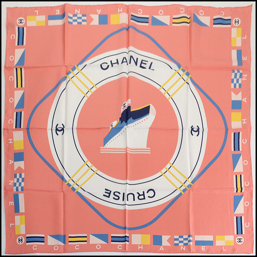 RDC12457 Authentic Chanel Coral Pink/Multicolor Cruise Ship Silk Scarf