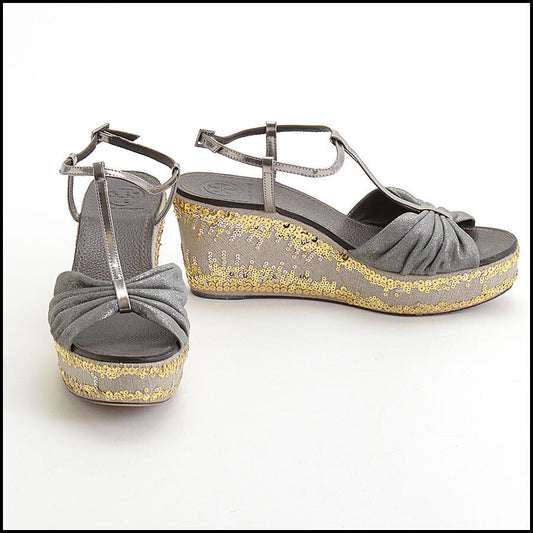RDC13353 Authentic TORY BURCH Silver T-Strap Platform Wedges Size 8