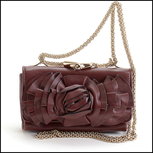 RDC13513 Authentic Valentino Garavani Burgundy Leather Flower Mini Chain Strap