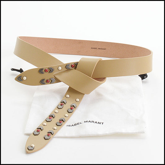 RDC13045 Authentic Isabel Marant Tan Leather Lecce Stud-Embellished Wrap Belt