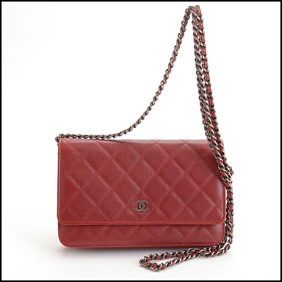 RDC13426 Authentic CHANEL Rich Red Caviar Leather Wallet On Chain WOC