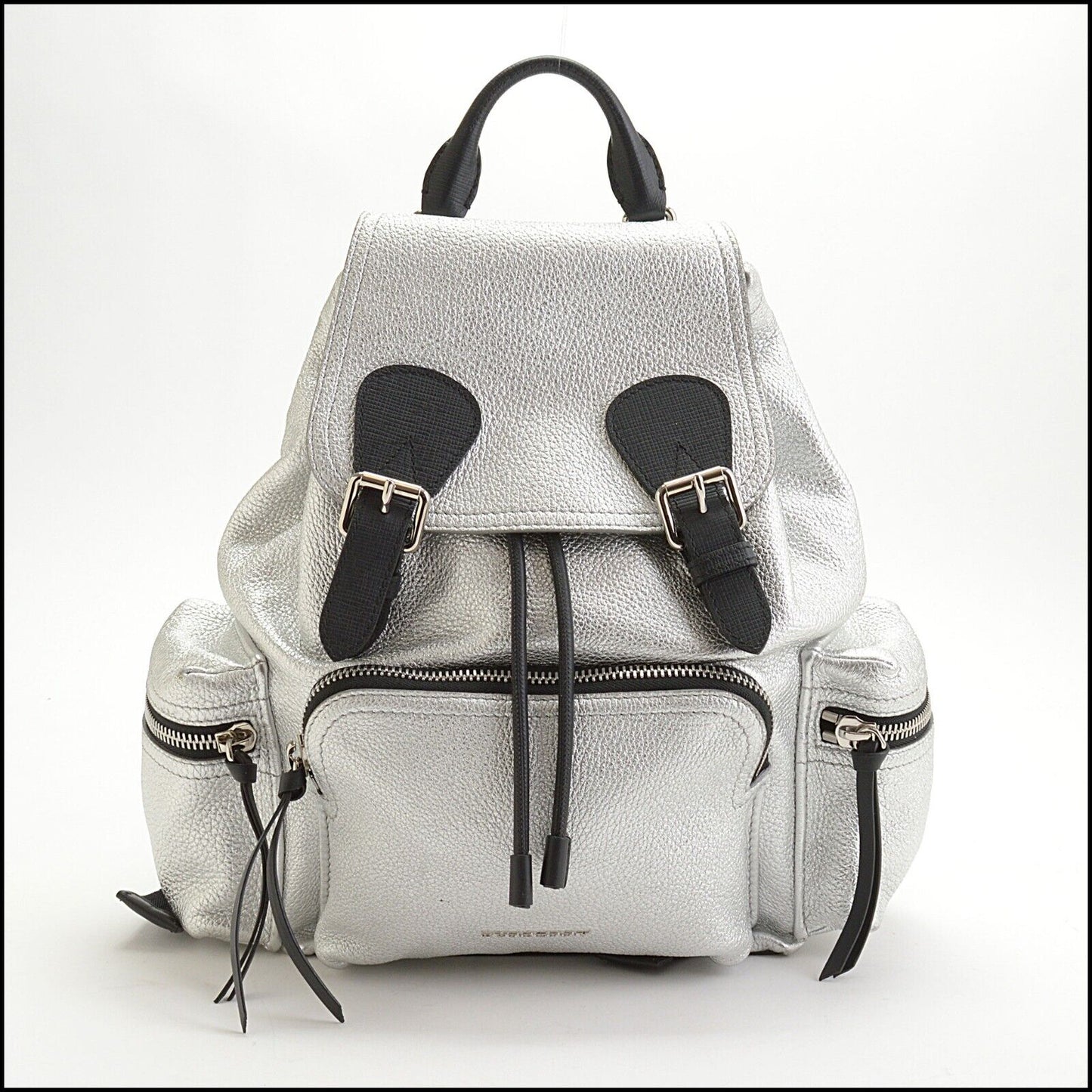 RDC13652 Authentic BURBERRY Silver Metallic Deerskin Leather Rucksack Pockets Backpack