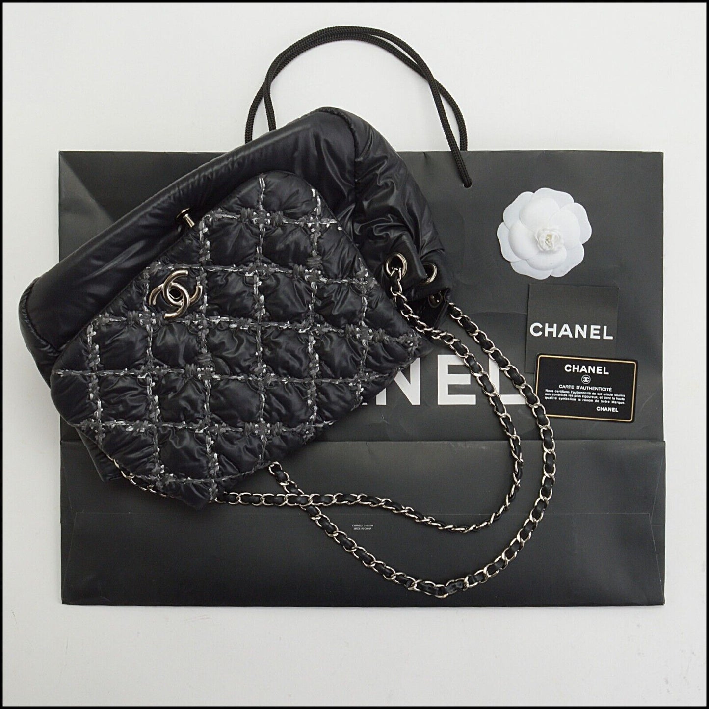 RDC13658 Authentic CHANEL 2011 Black Quilted Nylon Tweed Accordion Flap Bag