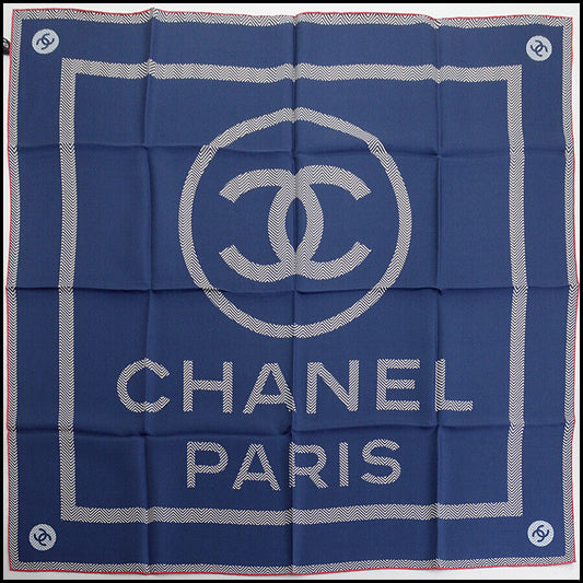 RDC12677 Authentic Chanel Navy/Ivory CC Logo 90cm Silk Scarf