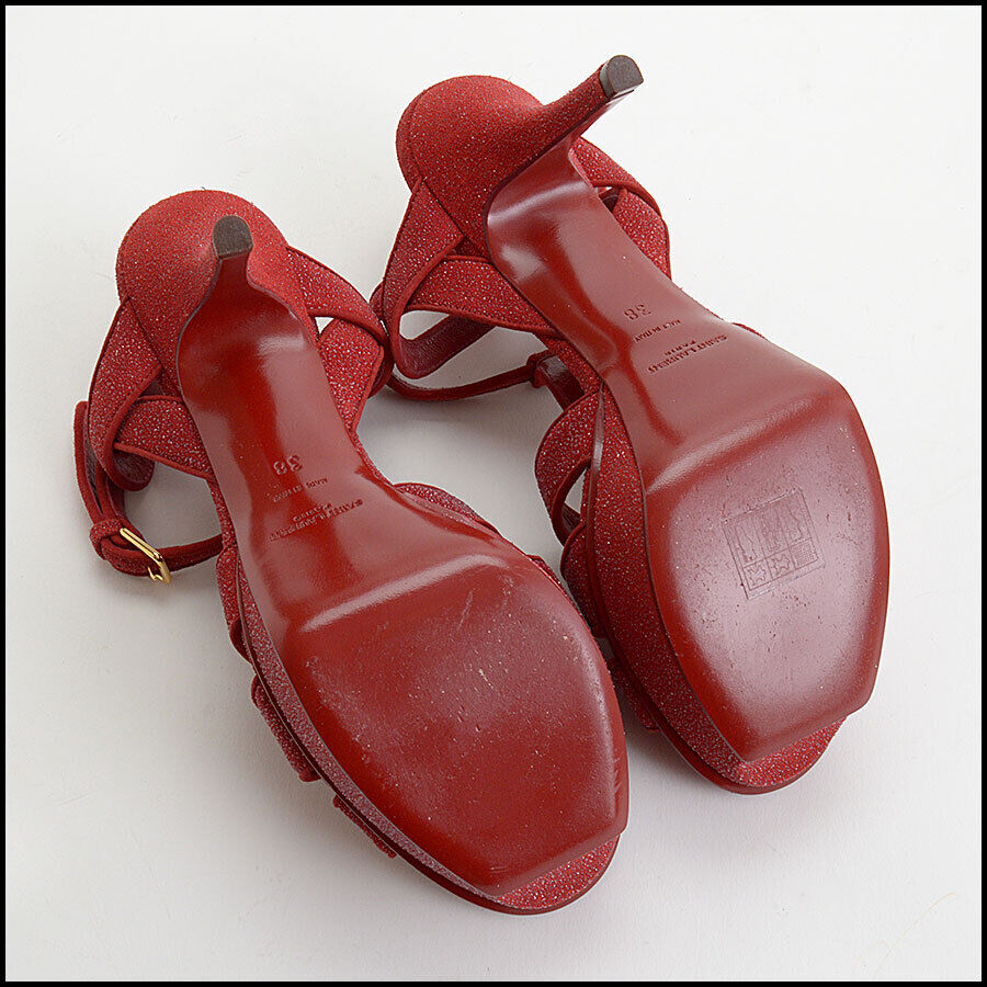 RDC13379 Authentic SAINT LAURENT Red Platform T-Strap High Heel YSL Sandals size 38